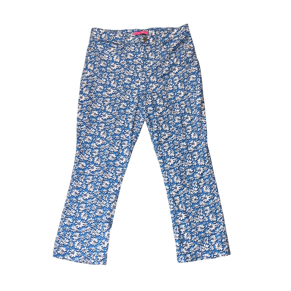 Lilly Pulitzer Blue White Floral Straight Leg Ankle Pants‎ Womens Stretch 35x26